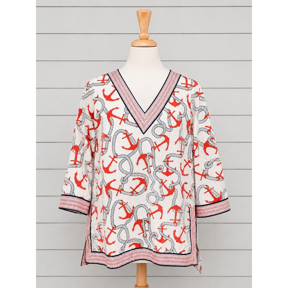 Gretchen Scott‎ Popover Top Size Medium Orange Navy Blue Anchor Nautical Coastal